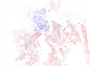 Maps of racial and ethnic divisions in US cities, inspired by Bill Rankin's map of Chicago, updated for Census 2010.
Red is White, Blue is Black, Green is Asian, Orange is Hispanic, Yellow is Other, and each dot is 25 residents.

Data from Census