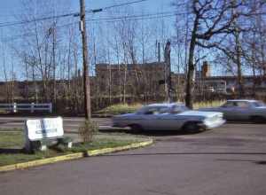 SALEM - closest city bus stop to Amtrak (SP)) Station in 1972.  Note no curb cuts for disabled before the Americans With Disabilities Act.