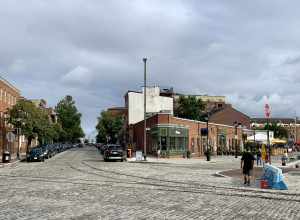 The intersection of South Ann, Fell, and Thames Streets in Fell's Point, Baltimore, Maryland.