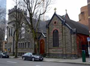 St. James Lutheran Church, in Portland, Oregon, is listed on the U.S. National Register of Historic Places. The main building (at left) was constructed in 1907–08, while the Pioneer Chapel, the building at right, which was the church's original