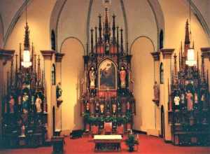 Interior of St. Mary's Catholic Church in Iowa City, Iowa from behind the rectory. This is a scan of a photograph taken in 1992.