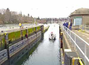 The Hiram M Chittenden Locks aka Ballard Locks and Salmon Ladder, near Seattle, Washington - looking west in the secondary lock