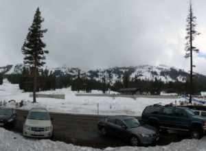 Panorama of the Tiber Creek area of Kirkwood Ski Resort.