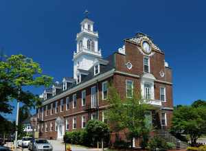 Town Hall, Weymouth, Massachusetts, built in 1928 as a replica of the Old State House, Boston.