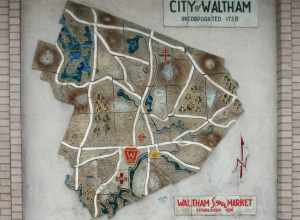 Map of Waltham on the original Waltham Supermarket building (now Hannaford).