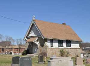 The chapel in the Weymouth Village Cemetery, a contributing property to the Front Street Historic District of Weymouth, Massachusetts.