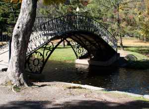 A view looking west at the "Iron Bridge" in Worcester Massachusetts' Elm Park.