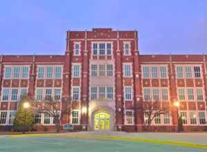 Main entrance to York Community High School in Elmhurst, IL