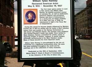 Historical marker in Union City, New Jersey, honoring painter William Ranney, who lived in Union City (when it was formerly West Hoboken), September 18, 2010. The marker, which is the fourth one Union City has dedicated for one of its notable