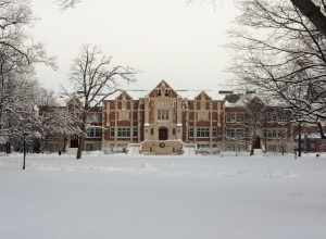 This photo was taken from behind the Beneficence statue, facing the Fine Arts Building over a snow covered Quad.