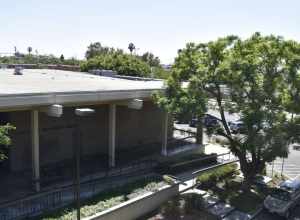 Clifton M. Brakensiek Library northern entrance, seen from the top of the neighboring parking structure on 10 August 2019