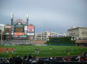 Cleveland warming up before the Cleveland Indians vs. Detroit Tigers baseball game at Comerica Park in Detroit, Michigan (United States).