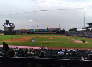 Baseball diamond behind visitors' bench at Constellation Field, home of the Sugar Land Space Cowboys.