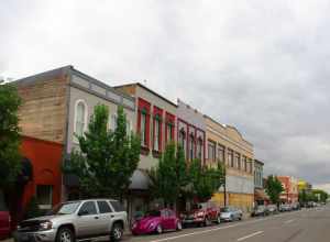 Downtown street in Albany, Oregon, USA.