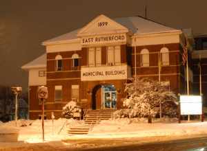 The Municipal Building of East Rutherford at a Snow night.