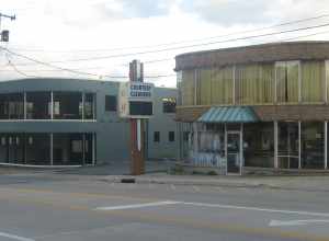 Front of the Erlbacher Buildings, located at 1105 (left) and 1107 (right) Broadway Street in Cape Girardeau, Missouri, United States.  Built in 1958, they are listed on the National Register of Historic Places.