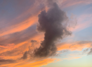 This file shows a stunning picture of the sky as seen in Miami, Florida during the winter time. The fascinating contrast between a reddish cloudiness and clear cyan sky is highlighted by a column of dark grey rainclouds.