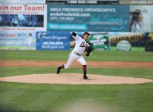 Mike Baumann pitching for the Frederick Keys during a 2018 game at Nymeo Field at Harry Grove Stadium