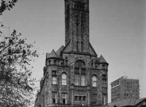 Eastern front of the former municipal building (now the Clark County Heritage Center) located at 117 S. Fountain Avenue in Springfield, Ohio, United States.  Built in 1888, it is listed on the National Register of Historic Places.