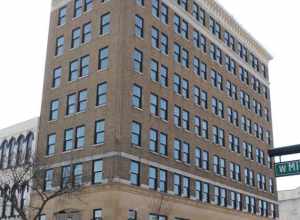 The People's National Bank building, located at 101 E Michigan Ave in Jackson, MI. It is now used as an apartment building. The building is listed on the National Register of Historic Places.