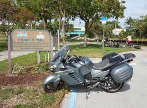 Pioneer Park Deerfield Beach sign with motorcycle