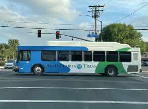 A Gillig Low Floor CNG bus of Santa Clarita Transit crossing Railroad Avenue at Market Street.