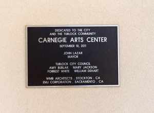 Plaque at the Turlock Carnegie Library — in Turlock, Stanislaus County, California.