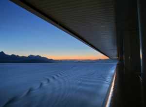 Approaching the glaciers in Alaska by cruise ship.