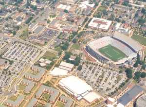 Aerial view of Jordan Hare Stadium, Auburn Arena, The Village, Samuel Ginn Engineering Complex, and the Haley Center