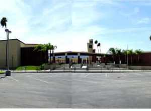 Corona High School in Corona, California.  This is the 1960 building, rather than the 1923 building listed on the NRHP with reference 5000772, which is currently the Civic Center.