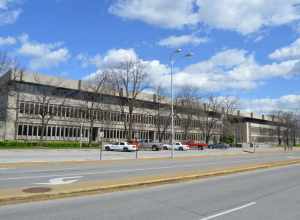 Front of the Evansville Civic Center Complex (city hall and county courthouse), located on MLK Boulevard between Sycamore and Locust streets in downtown Evansville, Indiana, United States.  It was built in 1969.