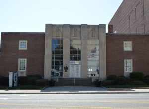 Front of the former Guilford County Office and Court Building, located at 258 S. Main Street in High Point, North Carolina, United States.  Built in 1937, it is listed on the National Register of Historic Places.