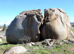 Broken-Egg Rock (not an official name), Newport Road and Murrieta Road, Menifee, California, USA, adjacent to Audie Murphy Ranch residential development