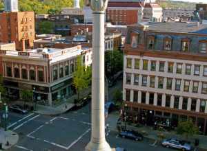 Monument Square in Troy, NY, USA, part of the Central Troy Historic District. Cannon Building at right rear; Troy Savings Bank at center.