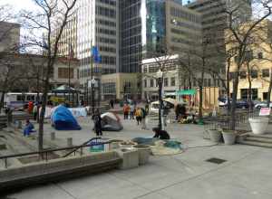 Occupy Minneapolis sets up tents in downtown Minneapolis' Peavey Plaza on April 7, 2012.