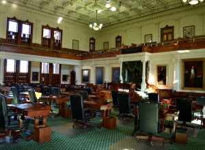 The chamber of the Texas State Senate in the Texas State Capitol in Austin, Texas.