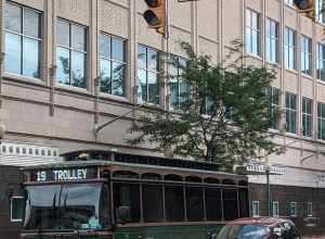 Public trolley at Lee and Capitol Streets in downtown Charleston, West Virginia.