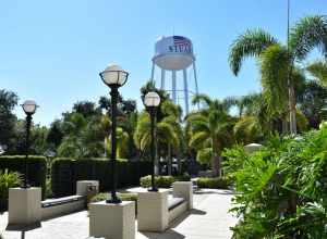 The water tower in Stuart, Florida, photographed from the courtyard at Peter L. Cheney Courthouse.