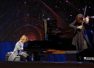 Yoshiki (of the band X Japan) performing live on the First Stop of the Yoshiki Classical World Tour at Renee and Henry Segerstrom Concert Hall in Costa Mesa California on Friday April 25th, 2014. Sugizo (of the band Luna Sea and touring member of X