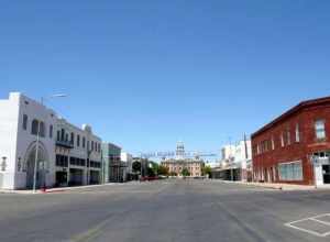 Looking towards the courthouse from intersection of Oak St. and Highland Ave. in Marfa, Texas, USA