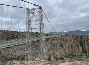 The Royal Gorge Bridge over Royal Gorge in the Arkansas River west of Cañon City, Colorado, looking south from an overlook on the north side of Royal Gorge