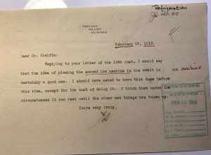 Letter February 18th, 1918
From: James Deering, Vizcaya’s Owner
To: Paul Chalfin, Vizcaya’s Artistic Director
Topic:  Ice machine, cooling system, refrigerator. 

c/o Yours truly, J.D., the Correspondence of James Deering, Archives and collections,