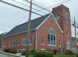 Front and northern side of White Sulphur Springs Presbyterian Church, located on W. Main Street (U.S. Route 60) in White Sulphur Springs, West Virginia, United States.