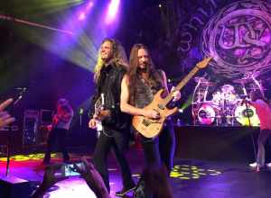 Guitarists Reb Beach (r) and Joel Hoekstra (l) live at College Street Music Hall in New Haven, Connecticut.