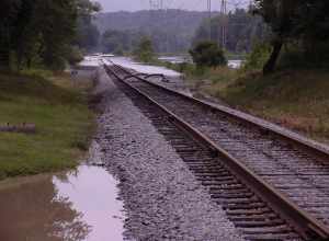 Cuyahoga River flood covering Cuyahoga Valley Scenic Railroad tracks north of Vaughn Road.