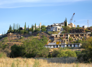 View of Arcosanti from the southeast, showing buildings from Crafts III on the far left to the guestrooms in the right foreground.