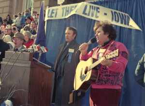 Bob Ayala was invited to speak and sing at a Pro-Life rally held on the anniversary of Roe-vs-Wade on the steps of the Iowa state capitol building on January 13, 1990. Photo by Roland Heddins.