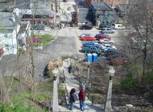 View of downtown Galena from corner of Prospect Street and Green Street, overlooking Bench and Main Street. Part of the Galena Historic District, Galena, Illinois, USA. U.S. National Register of Historic Places.