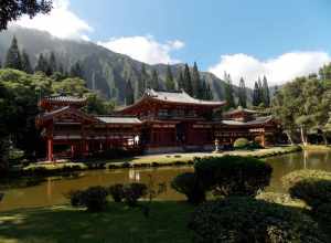 The Byodo-In Temple, a non-denominational Buddhist temple, located at the Valley of the Temples on Oahu,Hawaii.