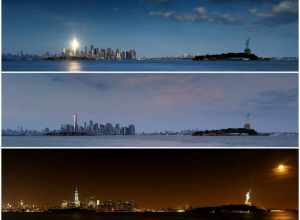 This is a combination of three 6-photo panoramas of Manhattan and the Statue of Liberty taken from Liberty State Park on Saturday, August 29, 2015 (the night of the super moon).  The top panorama was taken about 30 minutes before sunset.  The setting